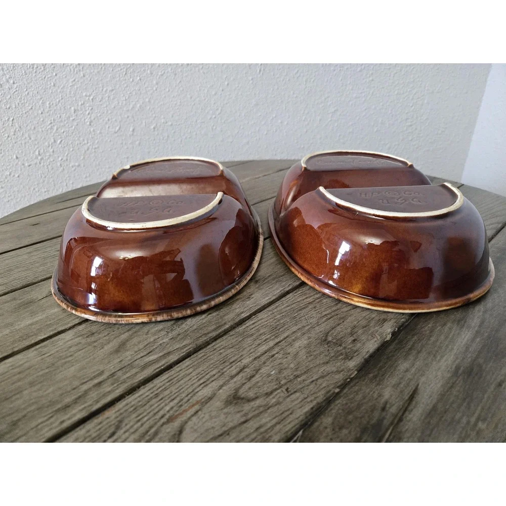 Set Of 2 Divided Oval Serving Dish Hull Oven Proof HP Co. Brown Drip Glaze 11